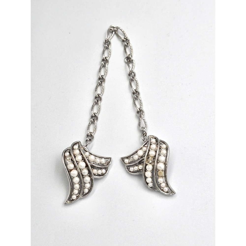 Vintage Crown Trifari faux pearl silver tone Convertible Sweater Clips